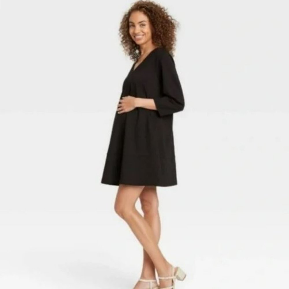 The Nines by Hatch Maternity Dress 3/4 Sleeve Fit Flare Ponte V-neck - Size Med